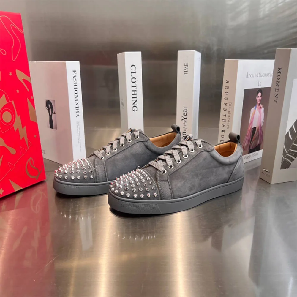 Christian Louboutin Louis Junior Spikes Suede-Effect Sneakers Grey product view 2
