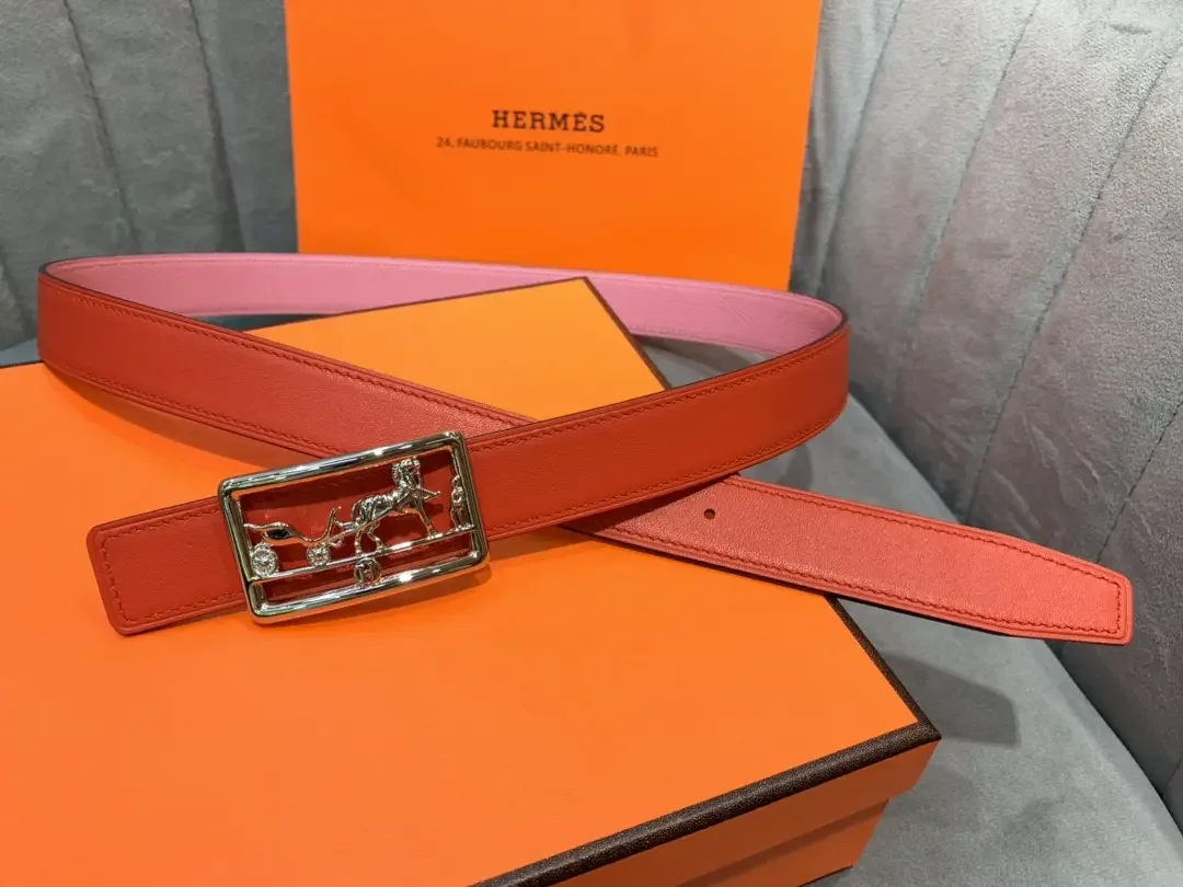 Hermès Pink/Red Reversible Belt with Silver-Tone Horse-and-Carriage Buckle product view 2