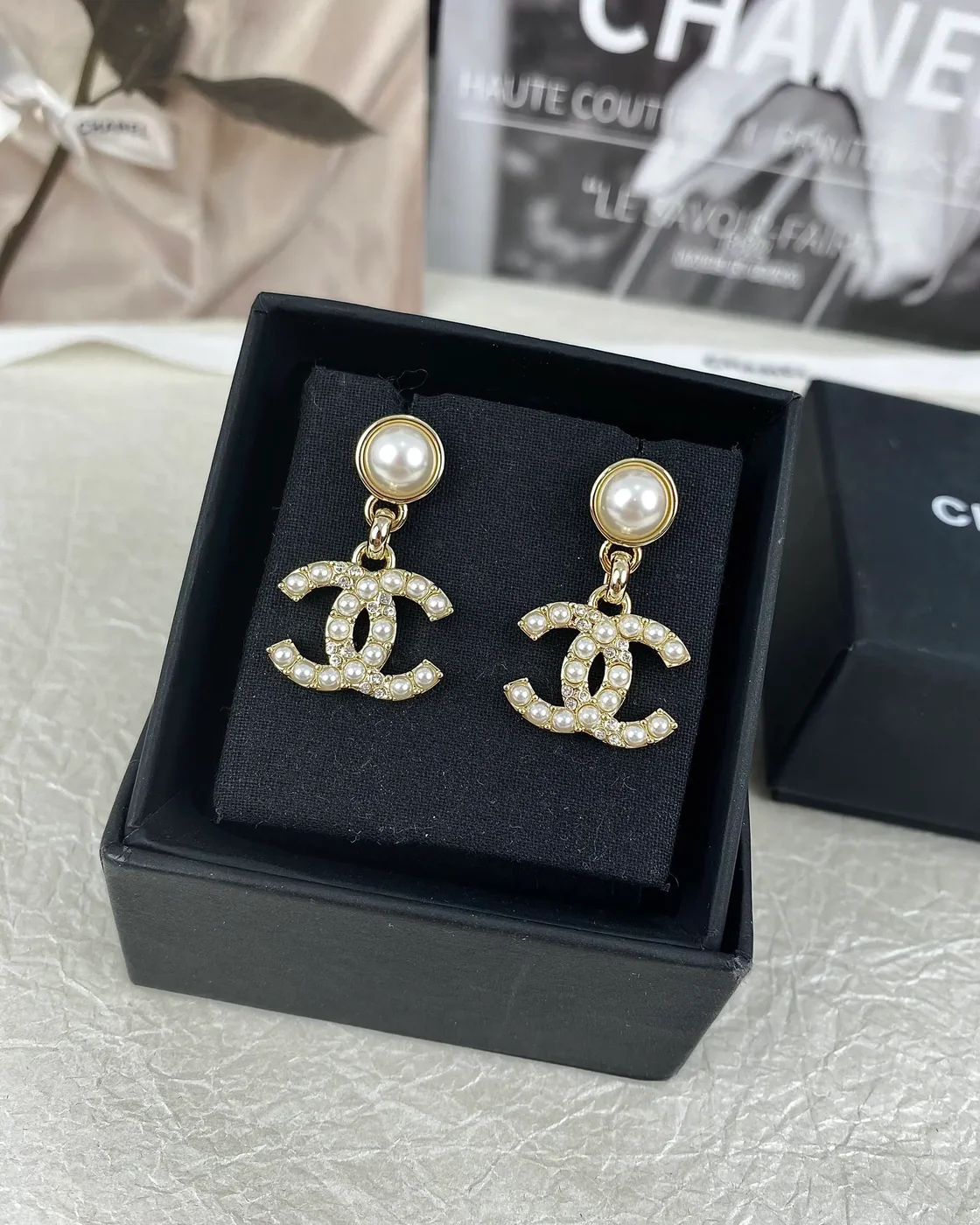 Chanel Pearl-Effect Pavé CC Drop Earrings Gold-Tone product view 1