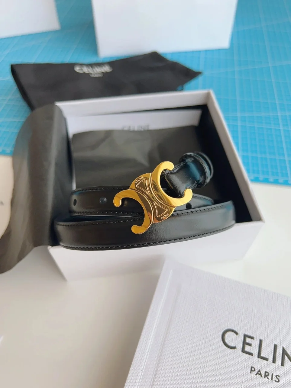 Celine Small Triomphe Belt 18MM in Black Calfskin product view 8
