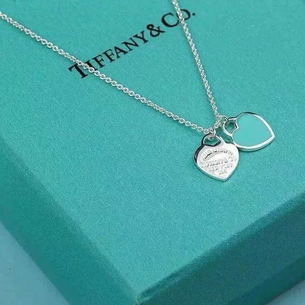 Tiffany  Co. Double Heart Tag Necklace Silver-Tone with Blue Inlay product photo