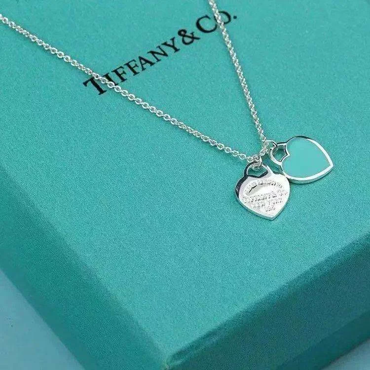Tiffany  Co. Double Heart Tag Necklace Silver-Tone with Blue Inlay product view 1