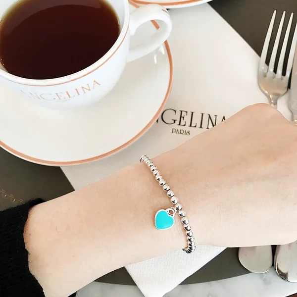 Tiffany  Co. Blue Heart Tag Bead Bracelet Silver-Tone with Blue Inlay product view 4