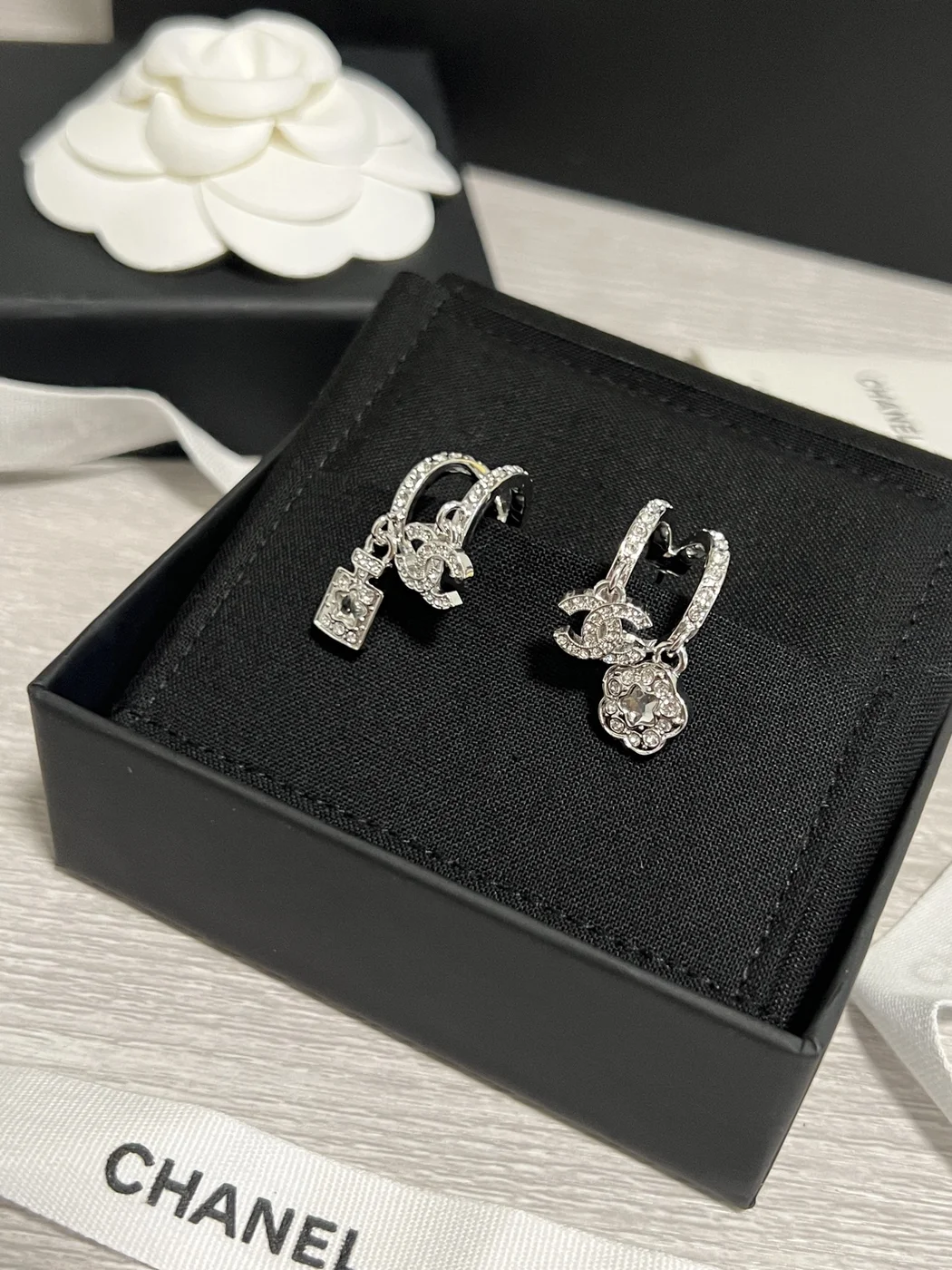 Chanel Asymmetric Perfume Bottle and Camellia Charm Earrings Silver-Tone product view 4
