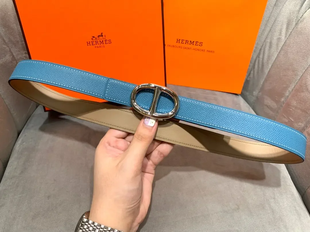 Hermès Blue/Taupe Reversible Belt with Silver-Tone Oval Buckle product view 5
