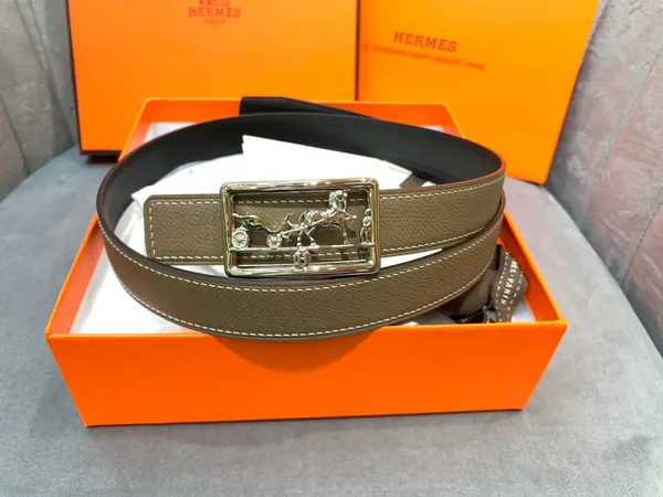 Hermès Taupe/Black Reversible Belt with Silver-Tone Horse-and-Carriage Buckle product view 3