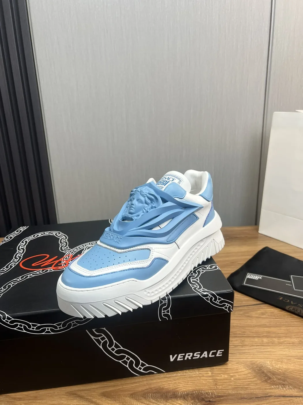 Versace Blue  White Leather Sneakers product view 1