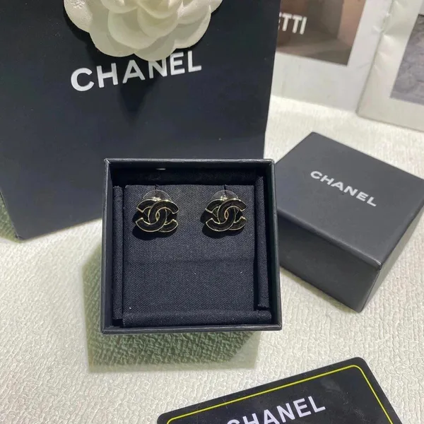 Chanel Enamel CC Stud Earrings Black and Gold-Tone product photo