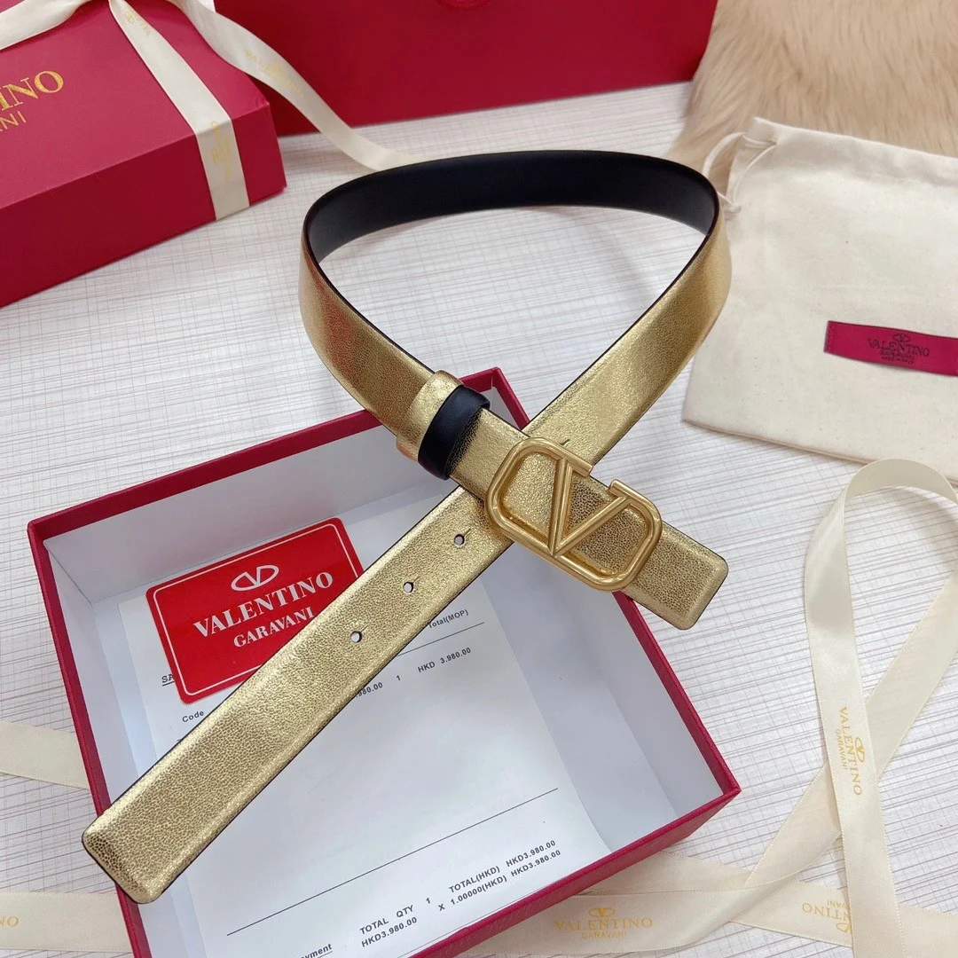 Valentino VLogo Reversible Belt 30mm in Black and Gold Metallic Calfskin product view 2