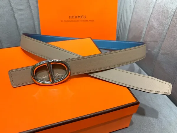 Hermès Blue/Taupe Reversible Belt with Silver-Tone Oval Buckle product view 3