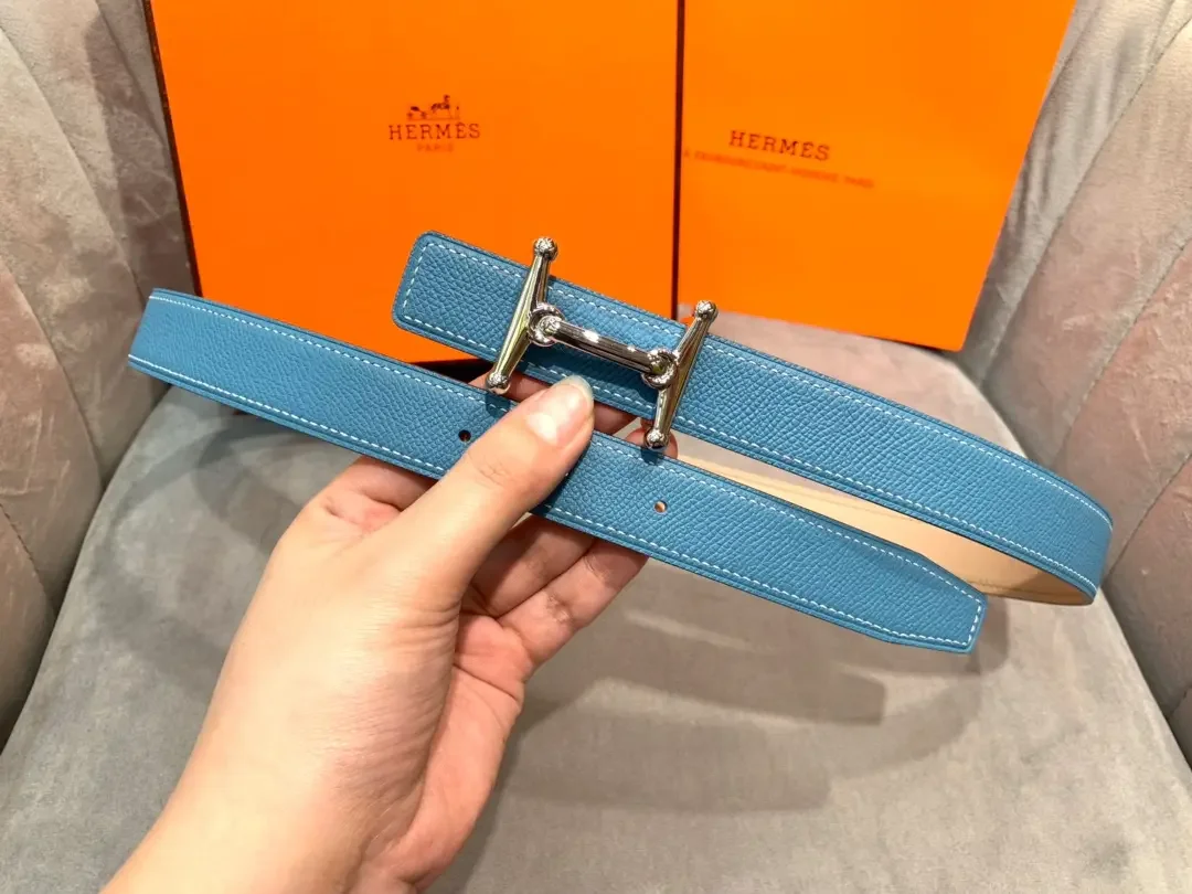 Hermès Light Blue/Taupe Reversible Belt with Silver-Tone Stirrup-Style H Buckle product view 3