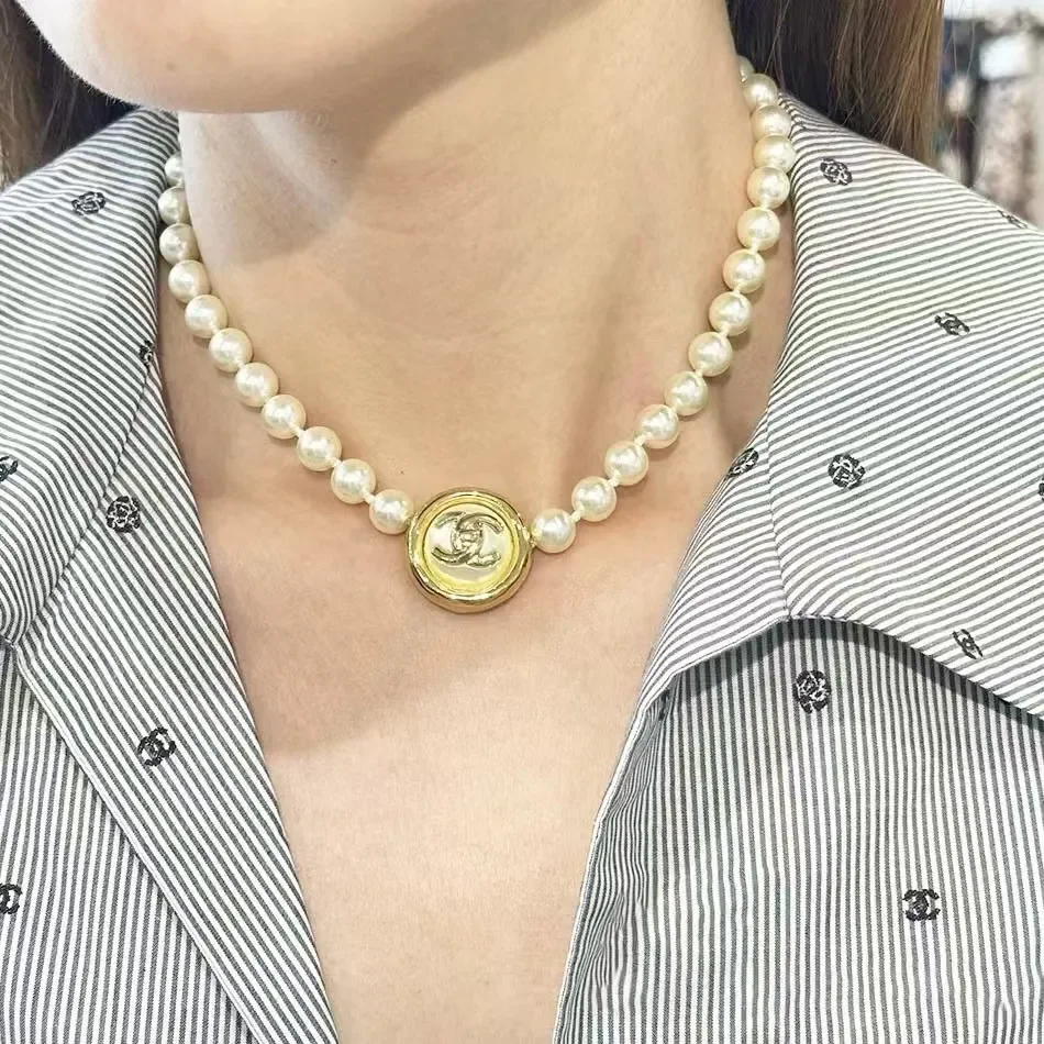 Chanel Pearl-Effect Medallion Choker Necklace Gold-Tone product view 6