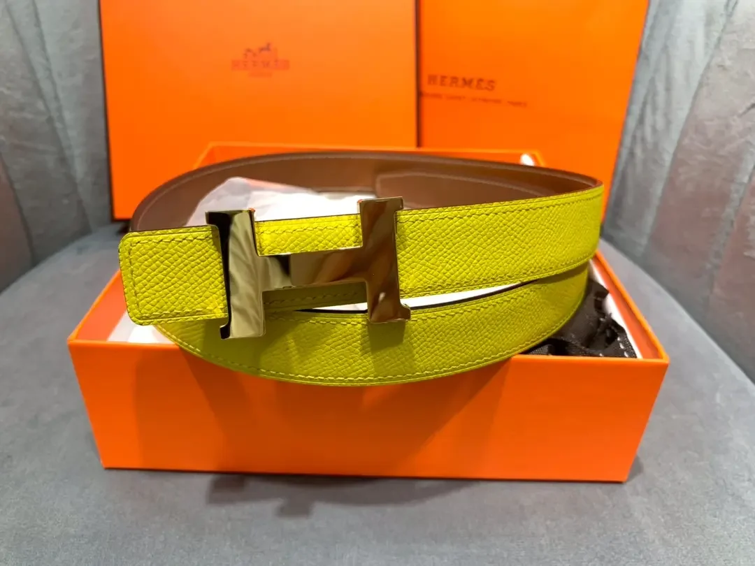 Hermès Yellow/Brown Reversible Belt with Gold-Tone Wide H Buckle product view 2