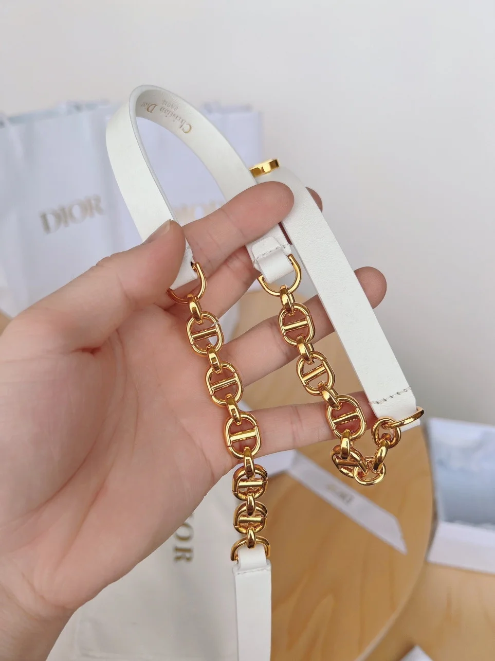 Dior Caro 15MM Belt in White Calfskin and Chain product view 5