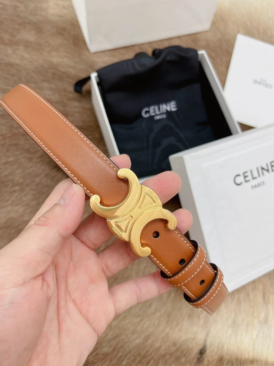 Celine Medium Triomphe Belt 25MM in Brown Calfskin product view 9
