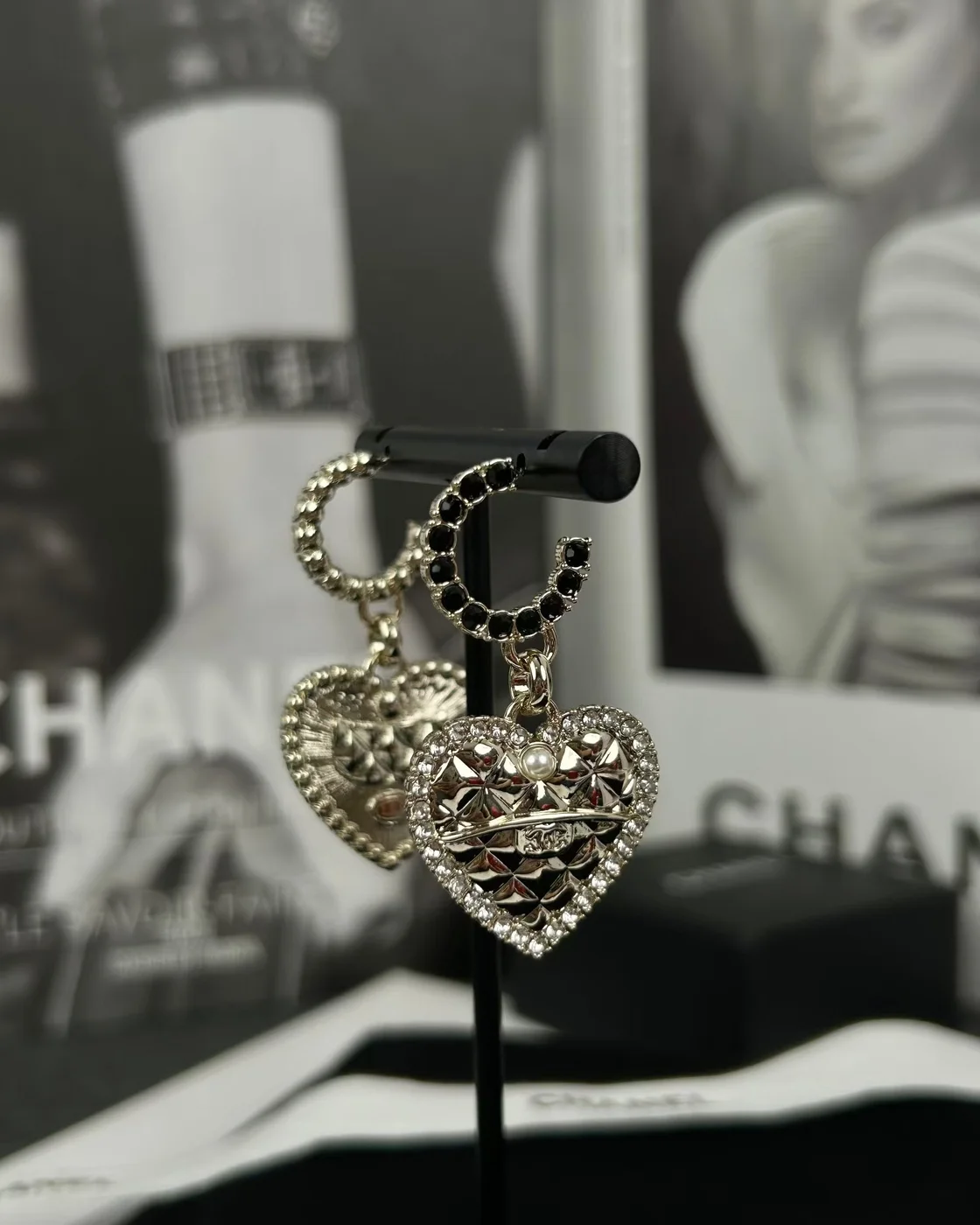 Chanel Heart Dangle Hoop Earrings Gold-Tone product view 4