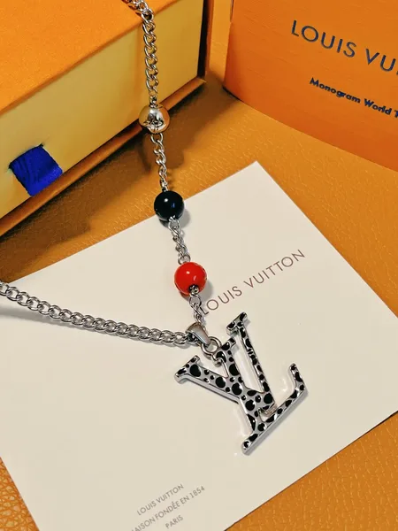 Louis Vuitton Dotted LV Monogram Bead Necklace Silver-Tone with Red and Black Beads product photo
