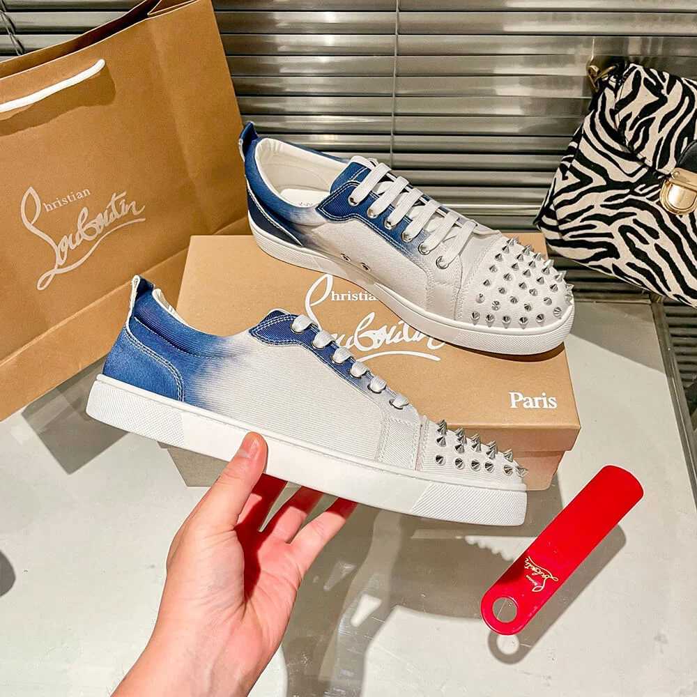Christian Louboutin Louis Junior Spikes Sneakers White and Blue product view 5