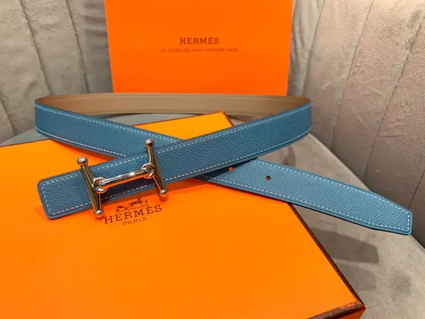 Hermès Light Blue/Taupe Reversible Belt with Silver-Tone Stirrup-Style H Buckle product photo