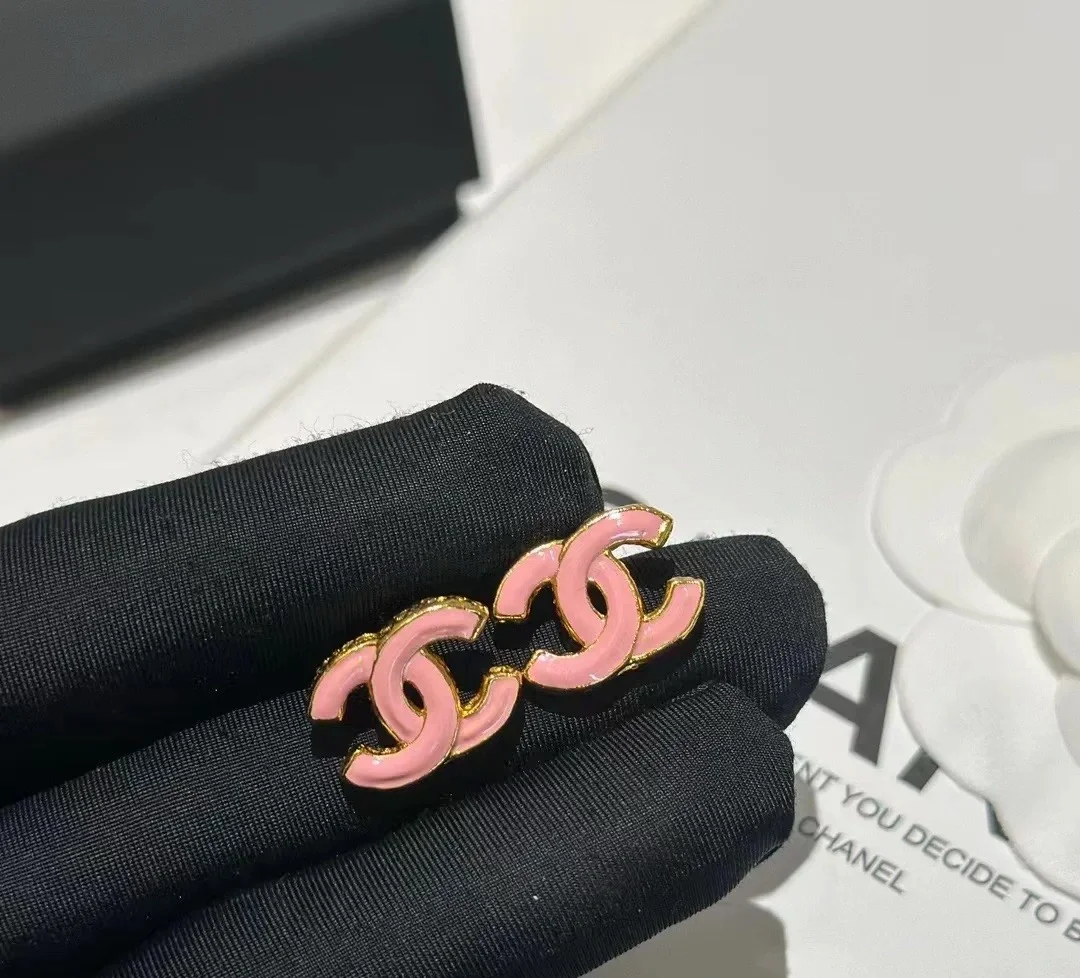 Chanel Enamel CC Stud Earrings Pink and Gold-Tone product view 3