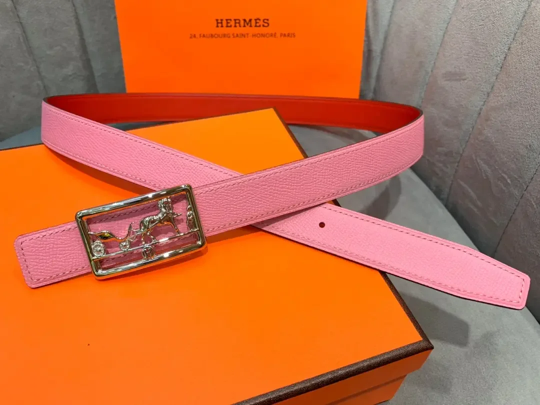 Hermès Pink/Red Reversible Belt with Silver-Tone Horse-and-Carriage Buckle product view 1