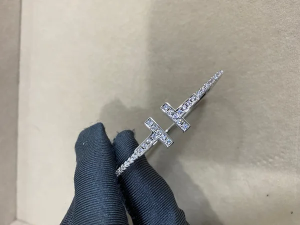 Tiffany  Co. Double T Square-Bar Pavé-Effect Cuff Silver-Tone product photo
