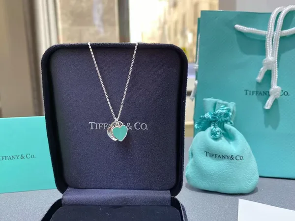 Tiffany  Co. Double Heart Tag Necklace Silver-Tone with Blue Inlay product view 2