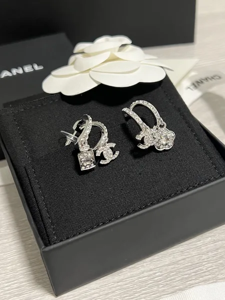 Chanel Asymmetric Perfume Bottle and Camellia Charm Earrings Silver-Tone product view 3