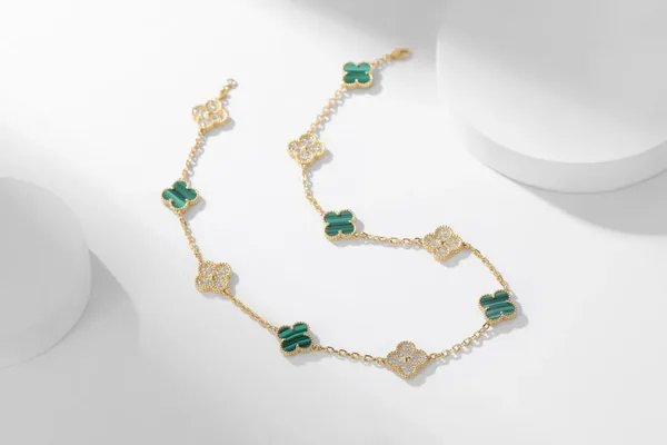 Van Cleef  Arpels Alhambra Green and Pave-Effect Ten-Motif Gold-Tone Necklace product photo
