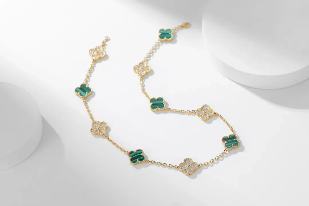 Van Cleef  Arpels Alhambra Green and Pave-Effect Ten-Motif Gold-Tone Necklace product view 1