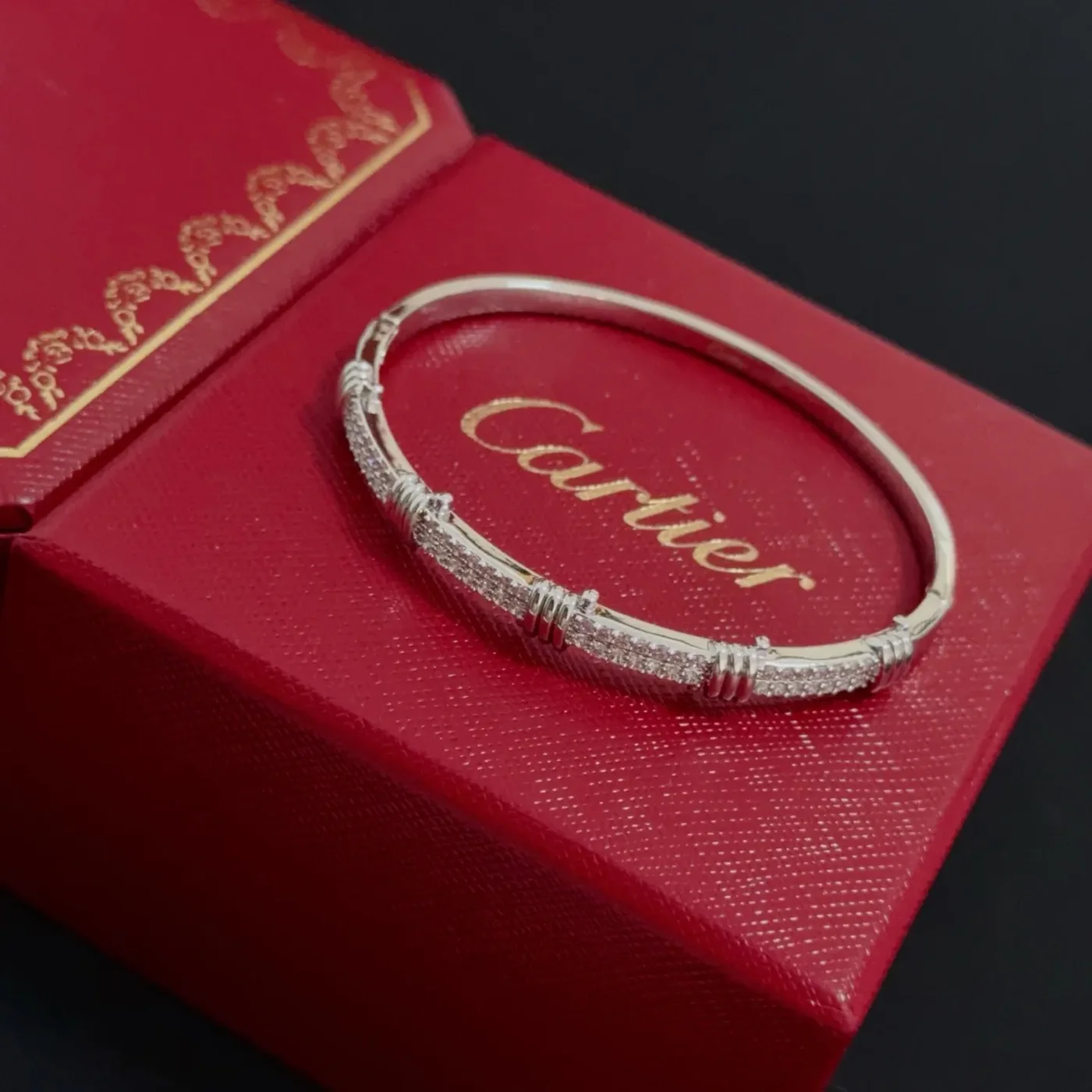 Cartier Silver-Tone Textured Bangle with Pave-Effect Details product view 5