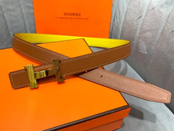 Hermès Yellow/Brown Reversible Belt with Gold-Tone Wide H Buckle product photo