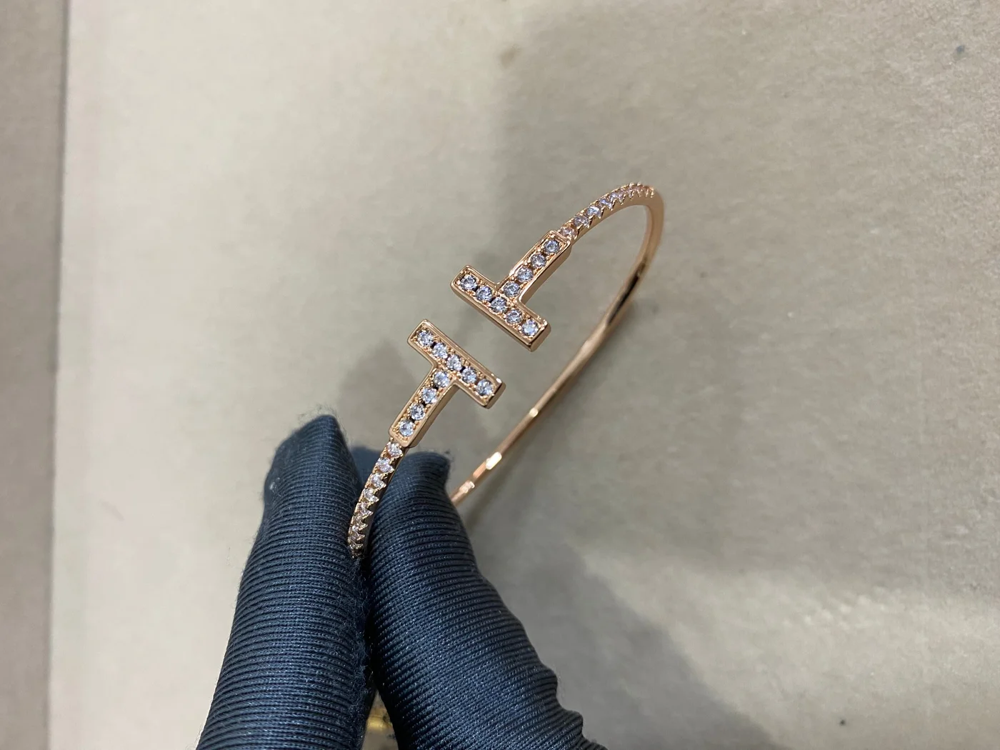 Tiffany  Co. Double T Square-Bar Pavé-Effect Cuff Rose-Tone product view 1