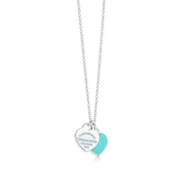 Tiffany  Co. Double Heart Tag Necklace Silver-Tone with Blue Inlay product view 3