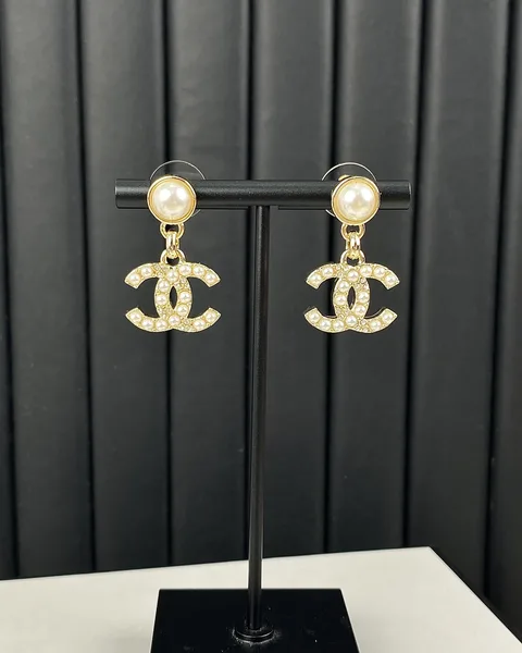 Chanel Pearl-Effect Pavé CC Drop Earrings Gold-Tone product view 3
