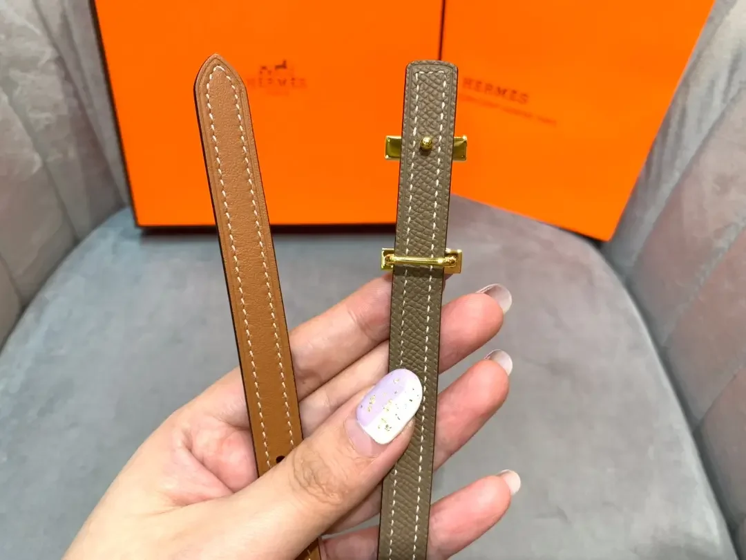 Hermès Tan/Grey Reversible Belt with Gold-Tone Slim H Buckle product view 7