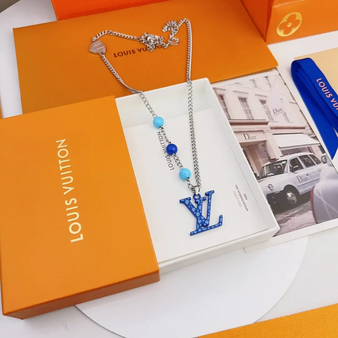 Louis Vuitton Dotted LV Monogram Bead Necklace Silver-Tone with Blue Beads product view 6
