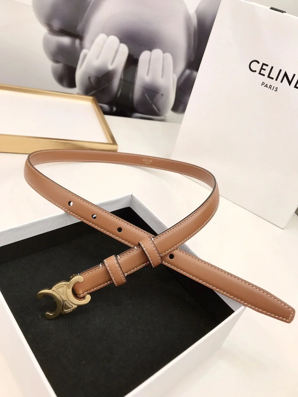 Celine Small Triomphe Belt 18MM in Brown Calfskin product view 5