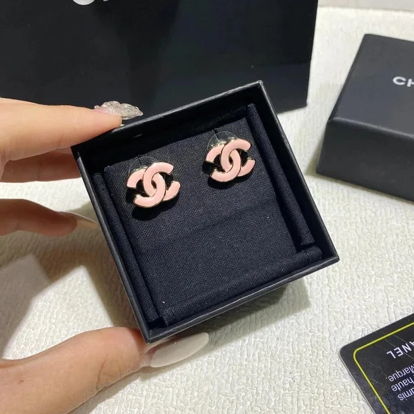 Chanel Enamel CC Stud Earrings Pink and Gold-Tone product view 4