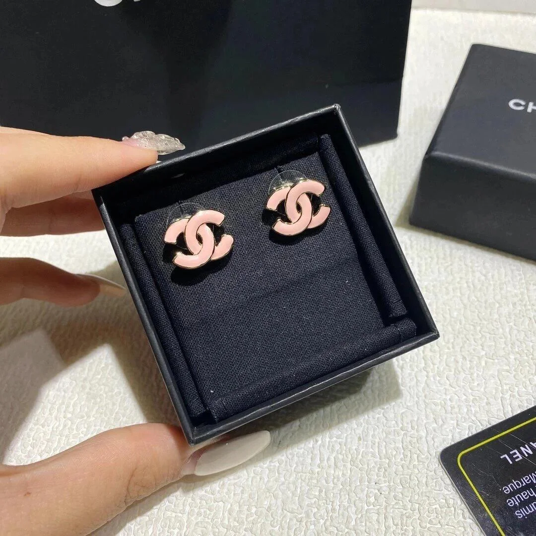 Chanel Enamel CC Stud Earrings Pink and Gold-Tone product view 4