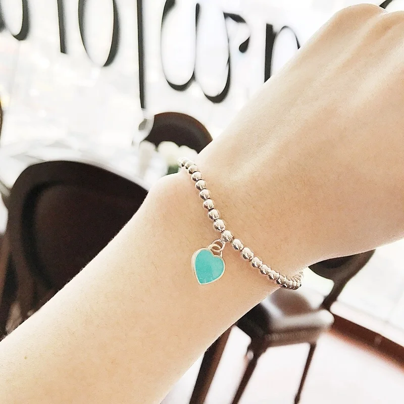 Tiffany  Co. Blue Heart Tag Bead Bracelet Silver-Tone with Blue Inlay product view 2