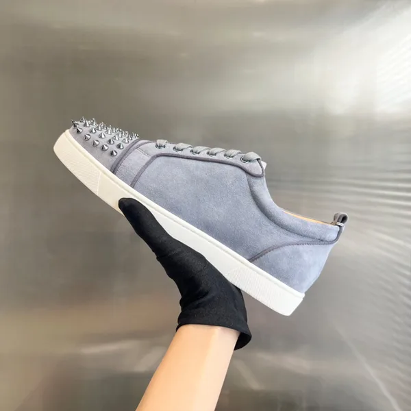 Christian Louboutin Louis Junior Spikes Suede-Effect Sneakers Grey with White Sole product view 5