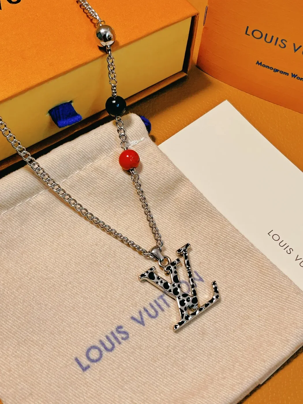 Louis Vuitton Dotted LV Monogram Bead Necklace Silver-Tone with Red and Black Beads product view 3