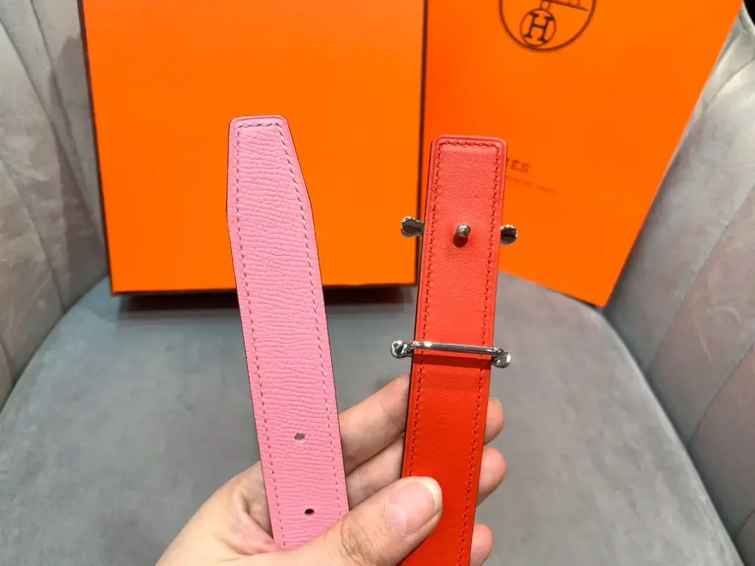Hermès Pink/Red Reversible Belt with Silver-Tone Stirrup-Style H Buckle product view 7
