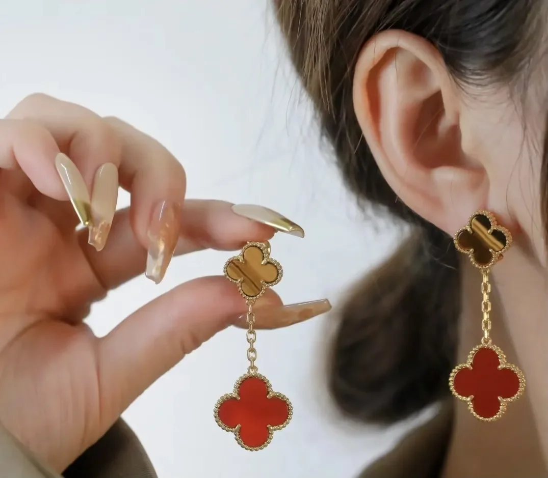 Van Cleef  Arpels Alhambra Brown and Red Two-Motif Gold-Tone Drop Earrings product view 2