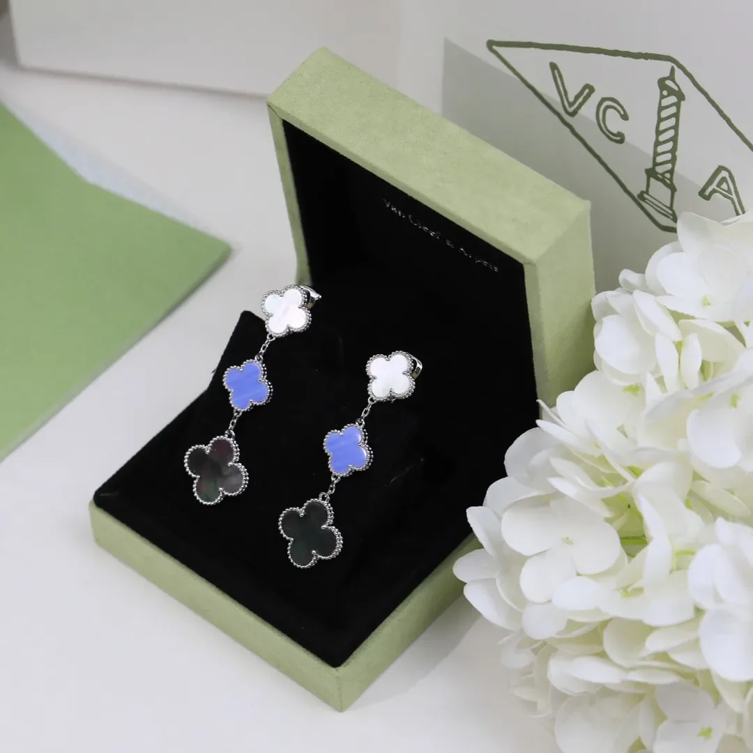 Van Cleef  Arpels Alhambra White Blue and Black Three-Motif Silver-Tone Drop Earrings product view 6