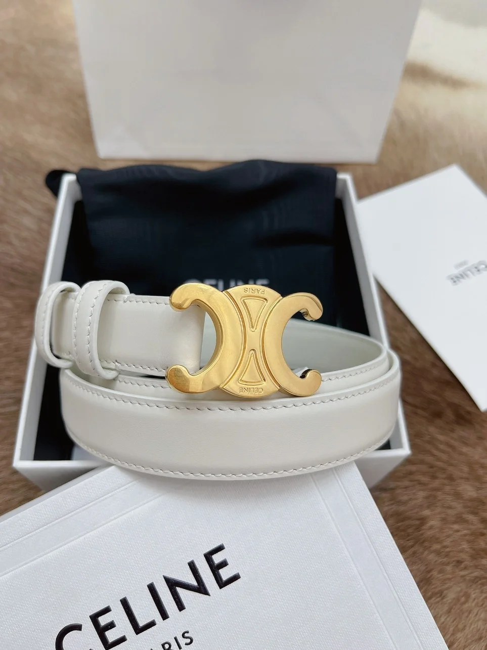 Celine Medium Triomphe Belt 25MM in White Calfskin product view 2