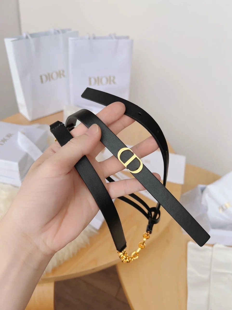 Dior Caro 15MM Belt in Black Calfskin and Chain product view 4