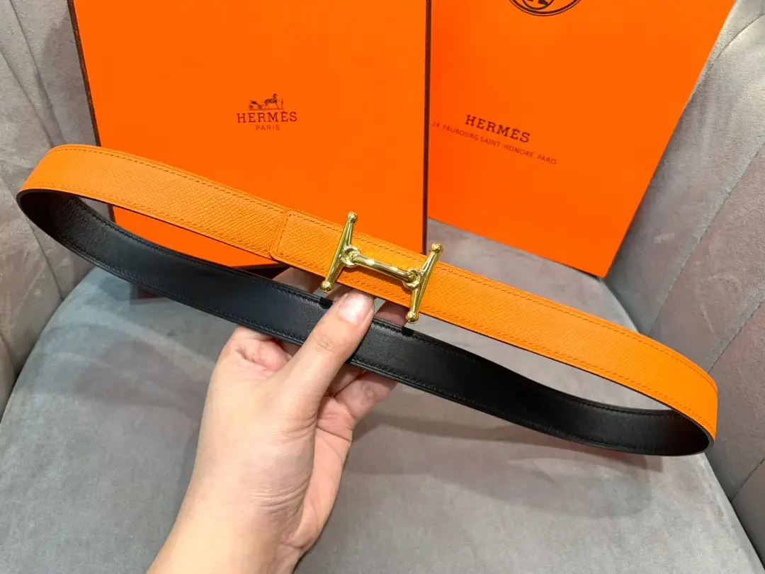 Hermès Orange/Black Reversible Belt with Gold-Tone Stirrup-Style H Buckle product view 4