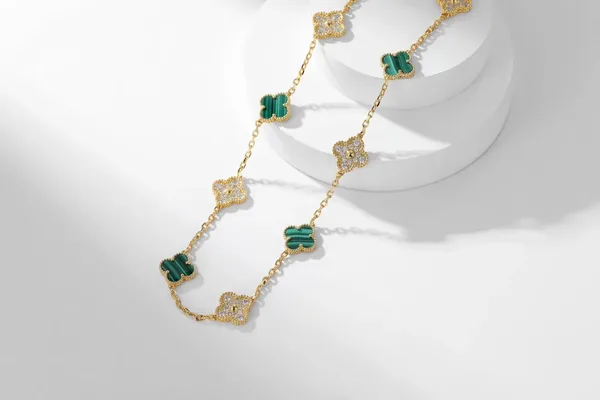 Van Cleef  Arpels Alhambra Green and Pave-Effect Ten-Motif Gold-Tone Necklace product view 3